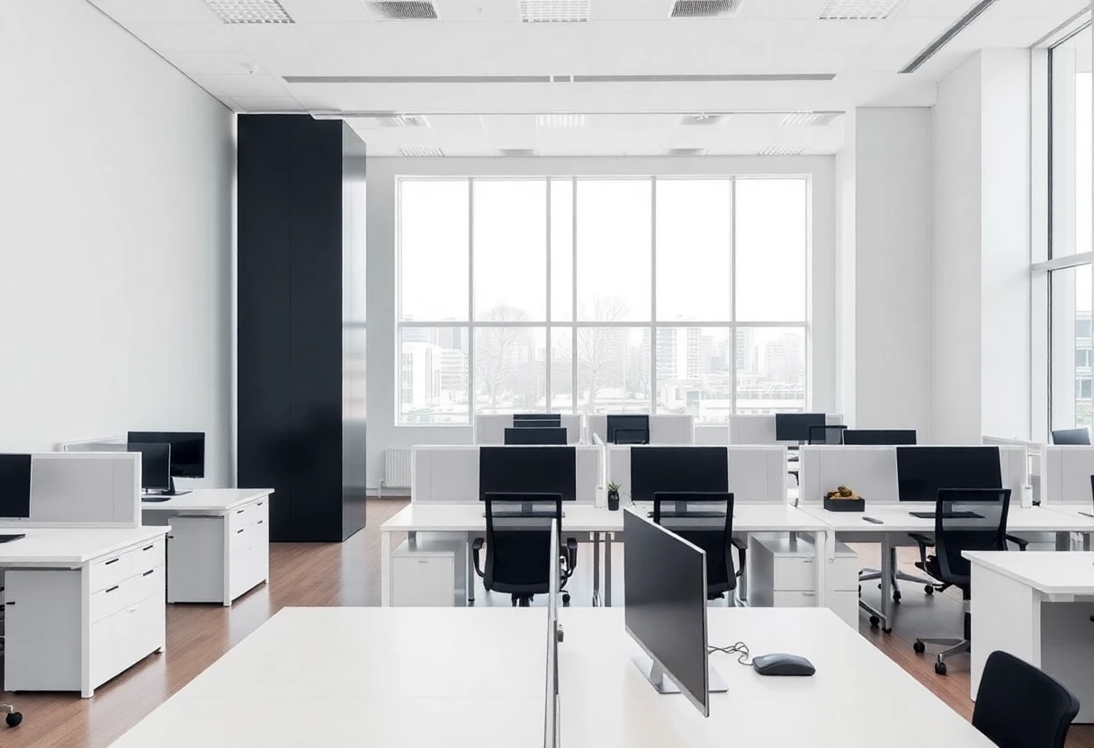 Spazio di lavoro contemporaneo con postazioni ergonomiche, aree relax e sale riunioni high-tech